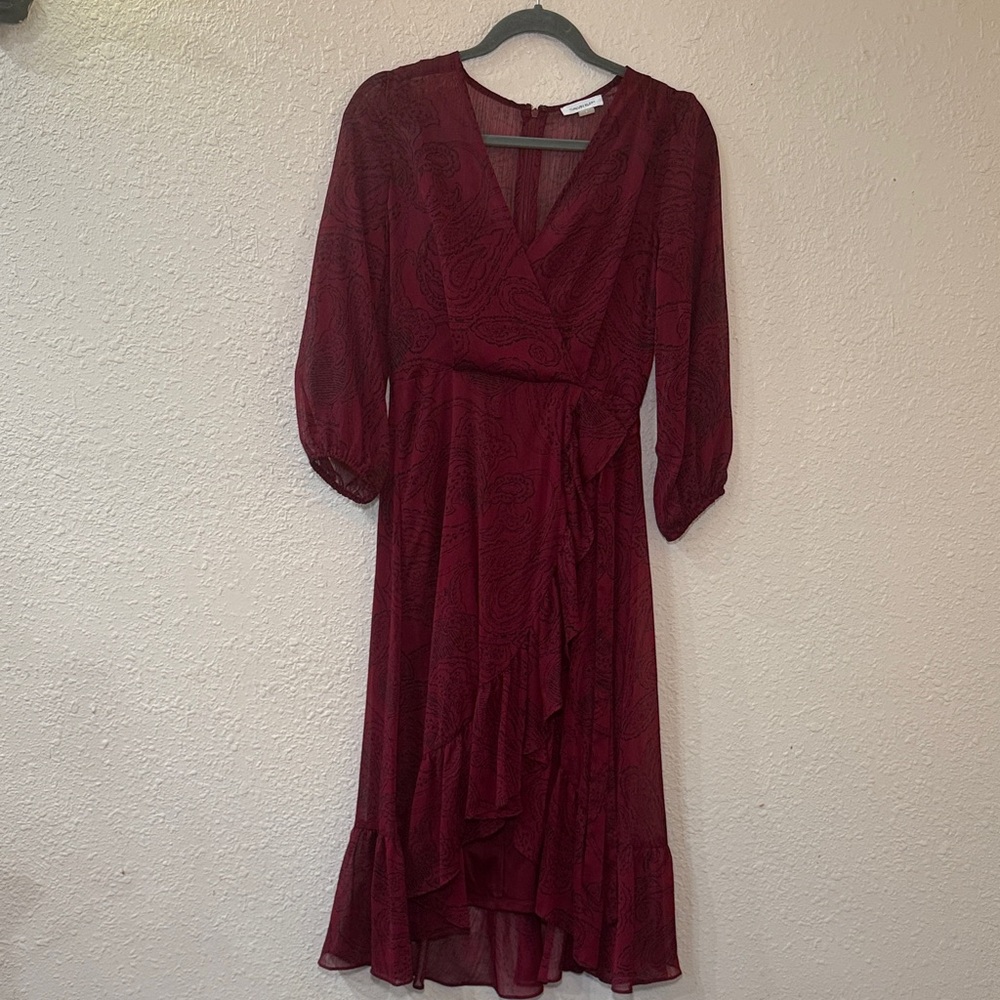Calvin Klein Burgundy Wrap Midi Dress